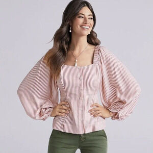 CAbi Red White Striped Puff Sleeve Button Front Long Sleeve Carnival Top S 5890
